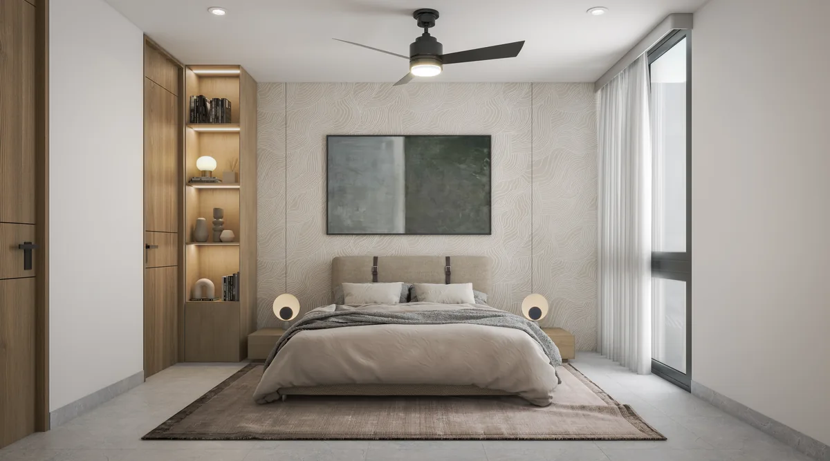 Recámara principal con clóset de madera y ventanal