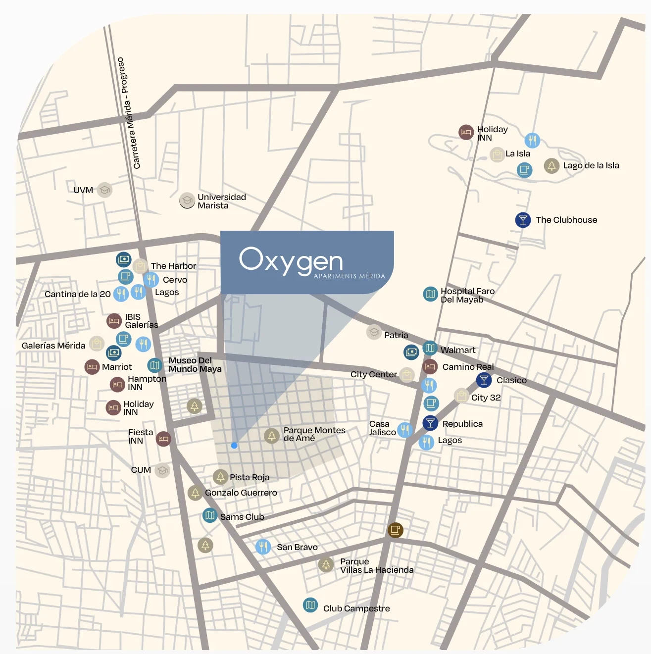 Mapa ilustrado de Montes de Amé con Oxygen junto al Parque Montes de Amé y los puntos de interés cercanos