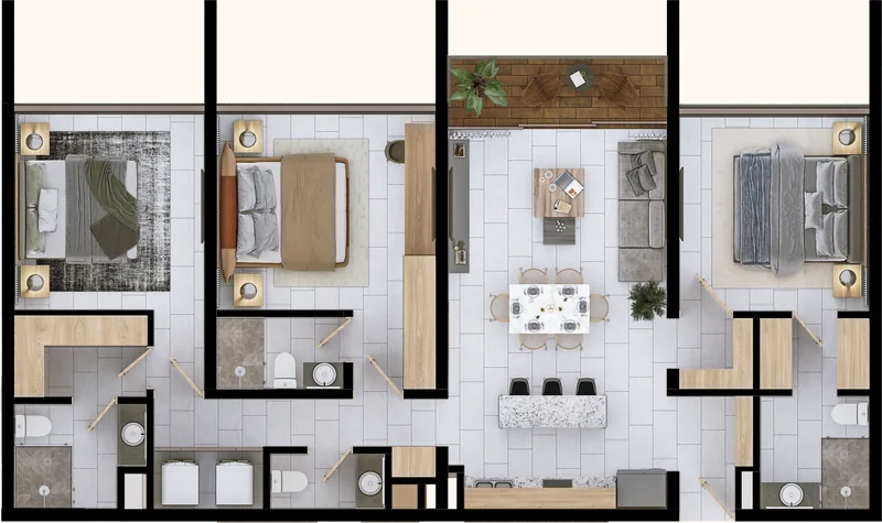 Planta ambientada de la tipología Air Penthouse Flat: 3 recámaras en un solo nivel
