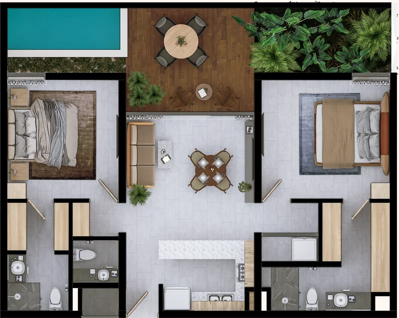 Planta ambientada de la tipología Aurora Pent Garden con jardín y alberca privada